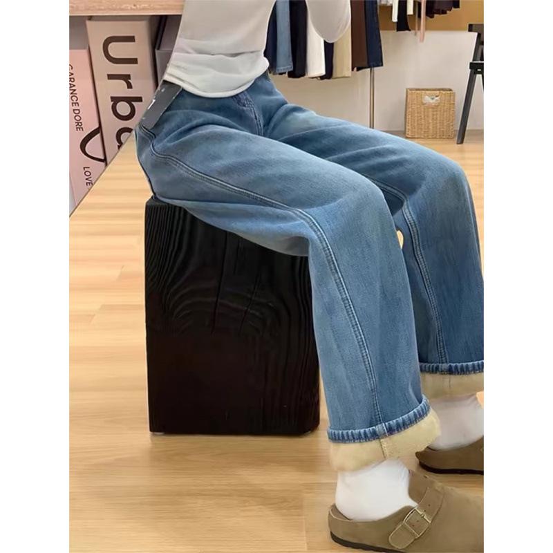 

Women s Plus Velvet High-Waisted Slimming Jeans: Blue, Narrow to Wide-Leg, Loose Fit, Versatile Straight-Leg, Plus Size for Winter and Autumn. L