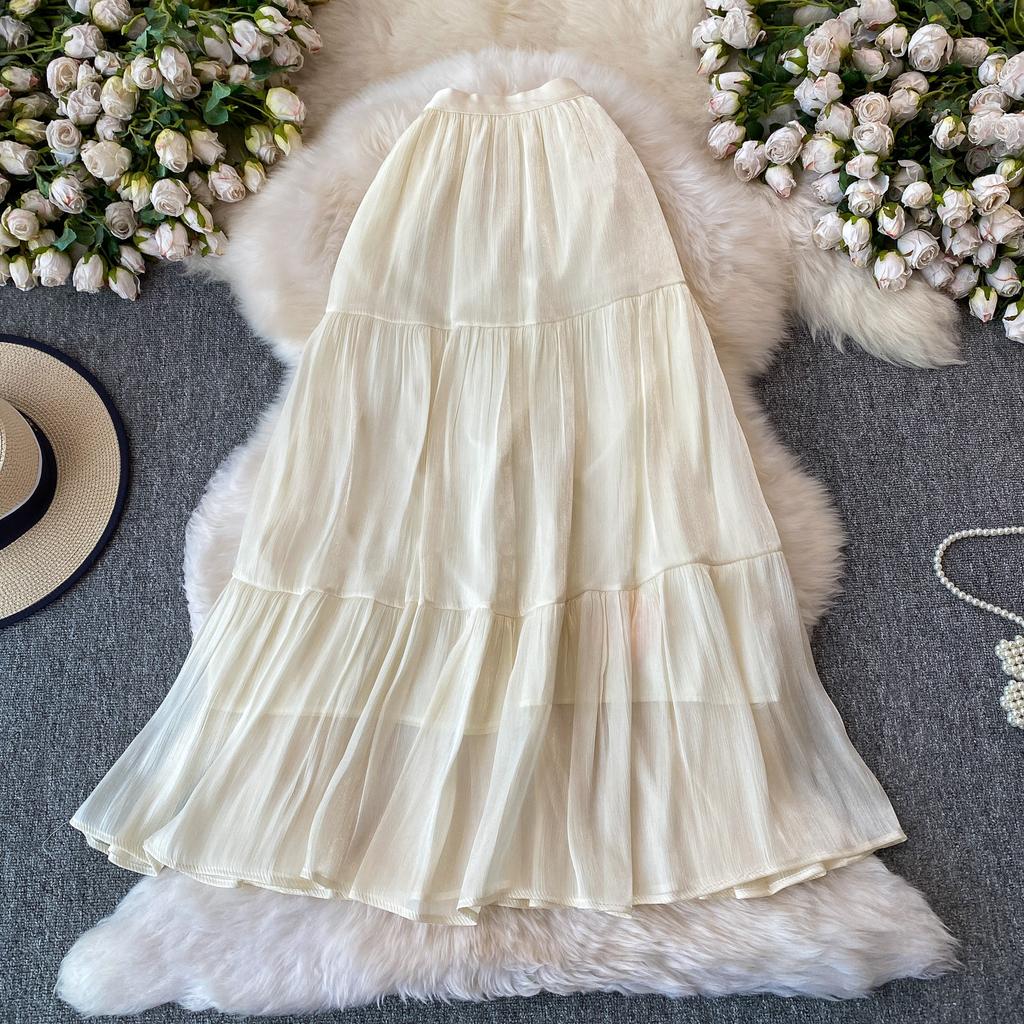 Sommer Herbst Neu Einfarbig Rüschen Patchwork Chiffon Fließender Rock für Damen Hoher Bund Vielseitiger Midi Rock für Damen