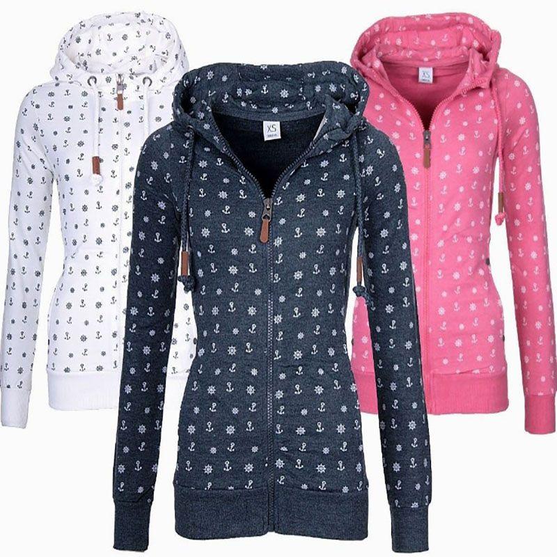 Luxuriöser und weicher Damen-Kapuzenpullover aus Fleece mit Seeanker-Print und Reißverschluss