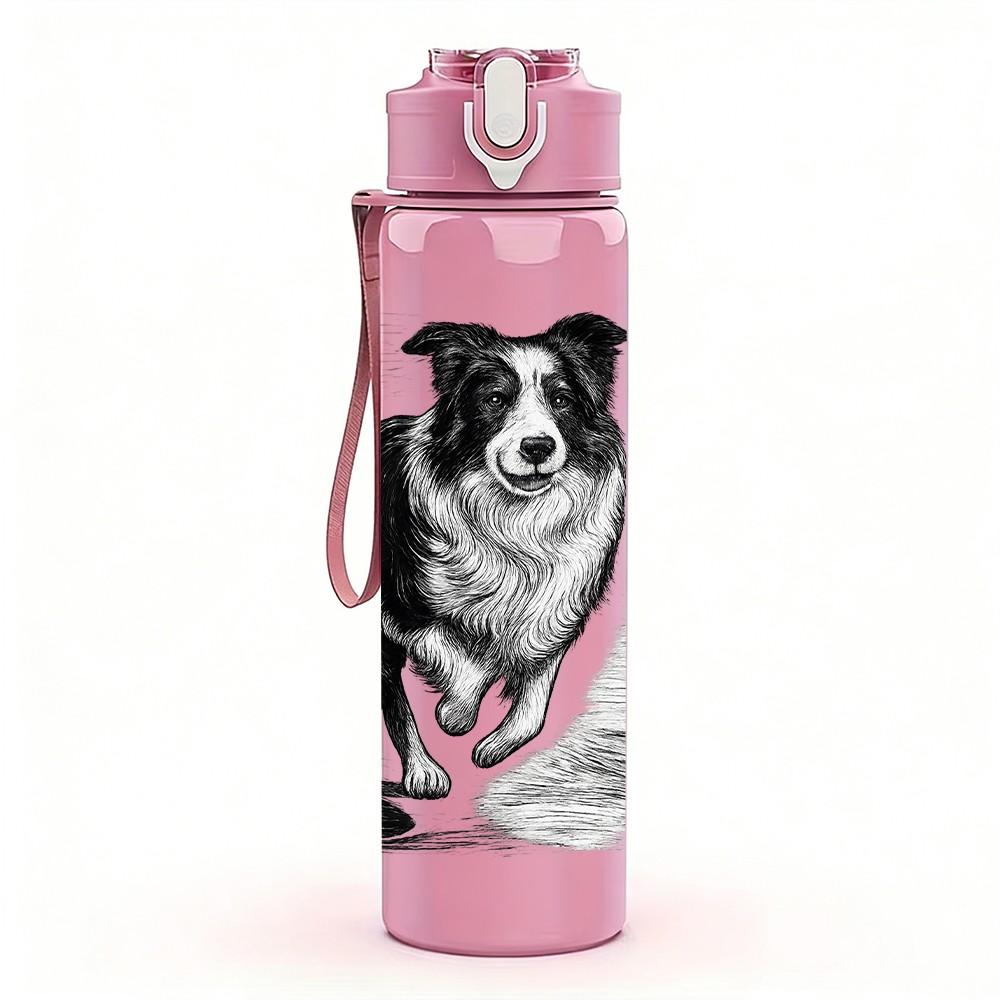 1PC Black White Border Collie Dog Print 750ml Color Plastic Sports Water Bottle Leakproof Flip Straw Lid Suitable for Sports Office Home Use