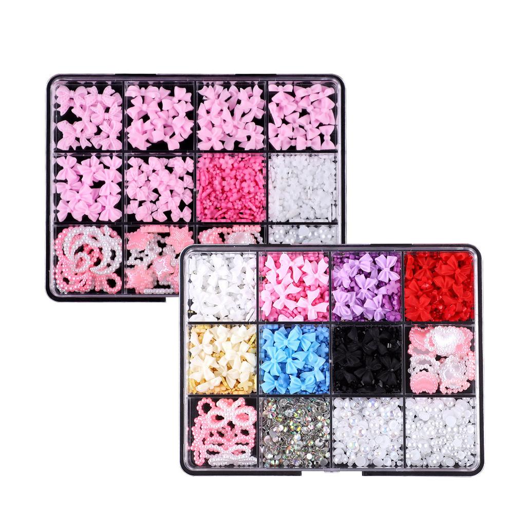 12 Grid Rose Nail Art Alloy Jewelry Resin Bow Camellia Three-Dimensional Flower Mixed Box
