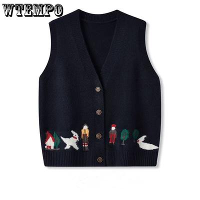Spring and Autumn Knitted Vest for Women Cartoon Jacquard Loose V-neck Cardigan Vest