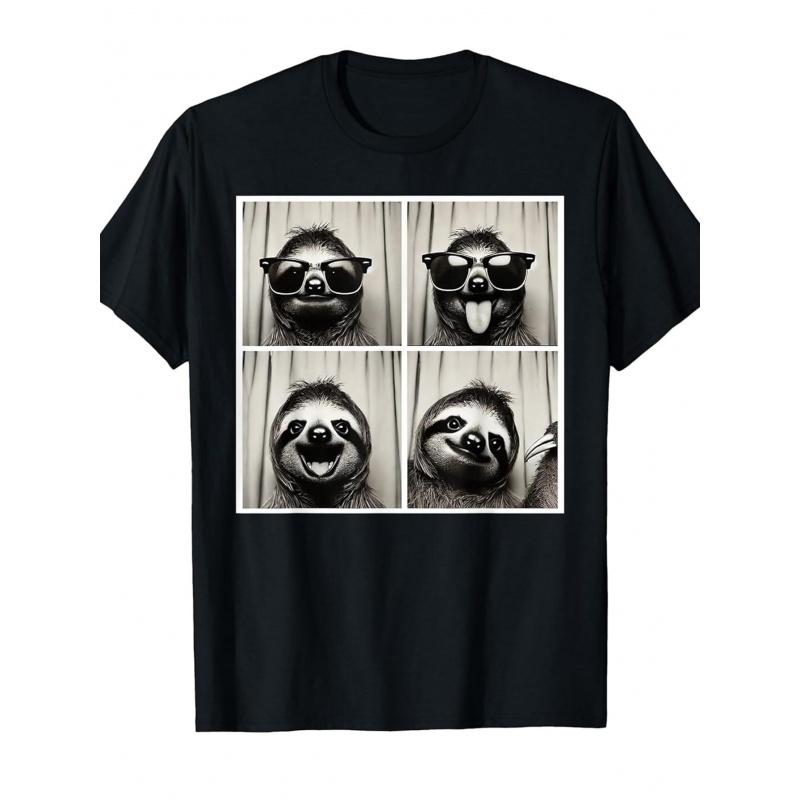 1pcFunny Sloth Wearing Fashion Glasses & Making Funny Faces T-Shirt - Cotton Soft Crew Neck Short Sleeve Tee with 4 Expressions (Laughing, Surprised,