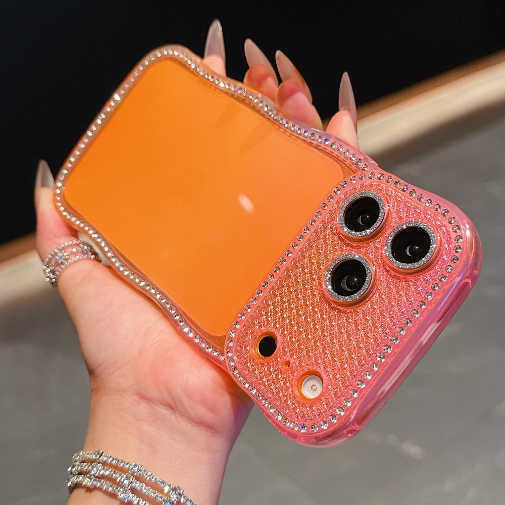 KEYSION Rhinestone Phone Case for iPhone 13 14 15 16 17 Pro Max 17 Air 16 Plus Transparent Wavy Lens Protector Shockproof Back Cover