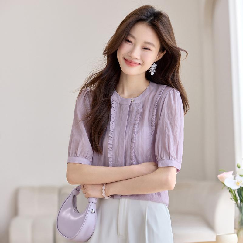 

Модная женская футболка с коротким рукавом, летняя новинка, свободного кроя, большого размера, тонкая, с круглым вырезом, с отделкой «грибной край». XL фиолетовый