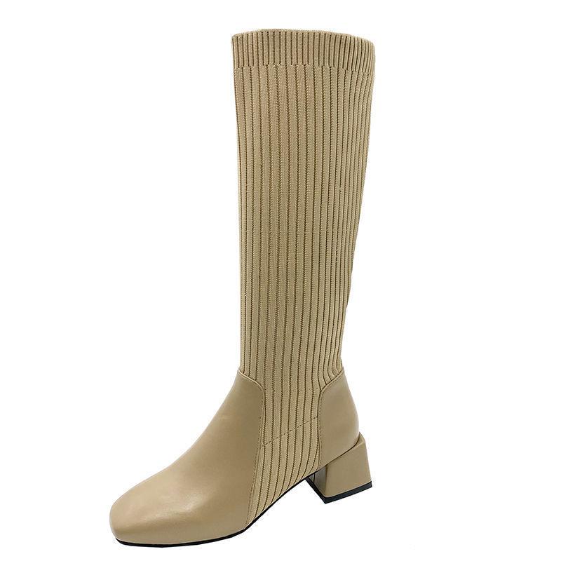 

Socks boots Elastic thin boots Soft leather retro women s spring and autumn thick heel medium heel knitted thin medium tube but knee boots 39 хаки