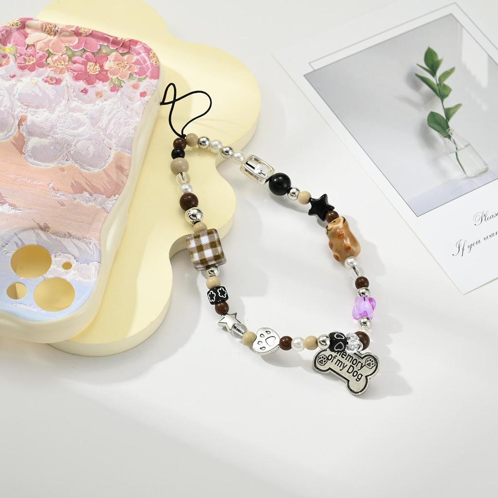 Beaded Phone Lanyard with Cute Puppy Pendant and Pearls