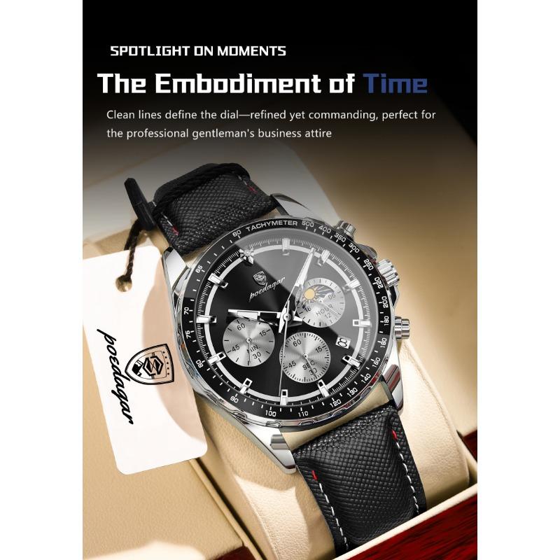 POEDAGAR Fashion Men's Watches High Quality Luminous Waterproof Male Wristwatch Leather Chronograph Date Sports Quartz Clock