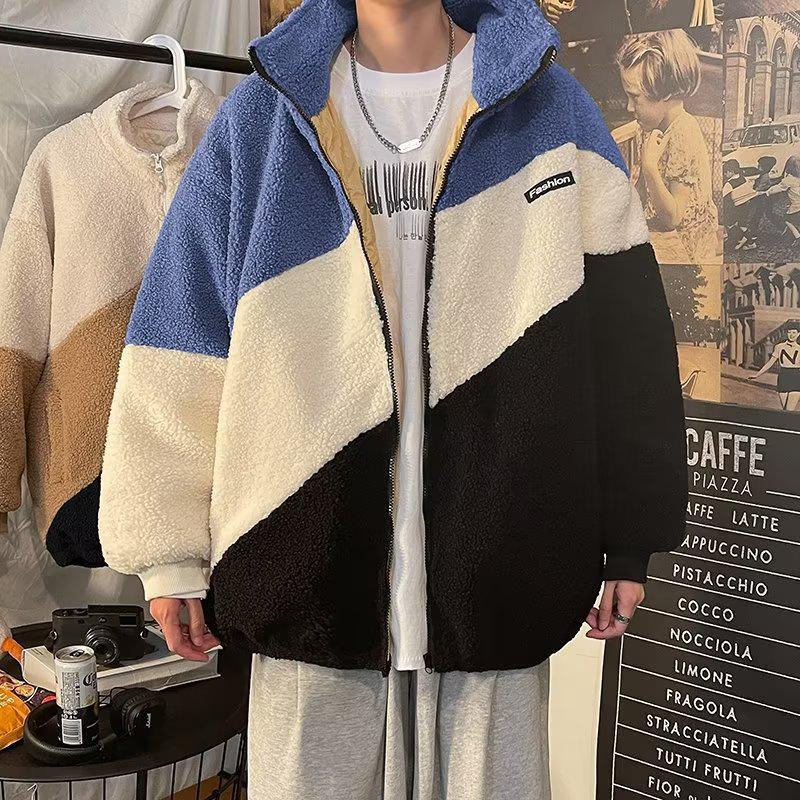 Herren Trendy Lammwolle Color Block Jacke, Lockerer Schnitt mit Stehkragen, Warmes Plus Samt Futter, Koreanischer Stil Vielseitiger Hoodie für Herbst/Winter. L blau/weiß