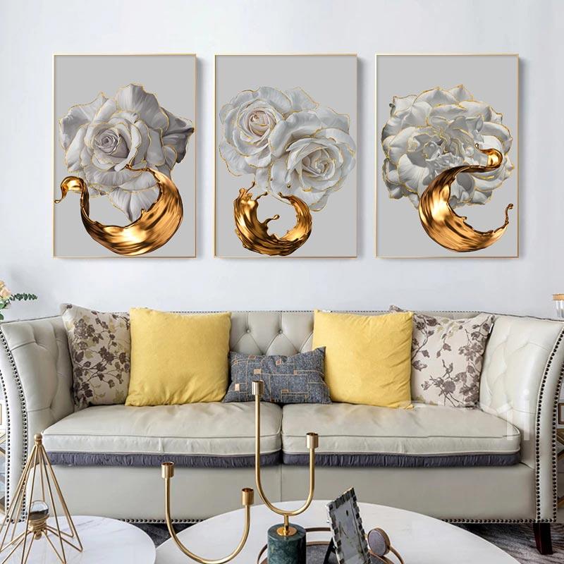

Абстрактная белая роза с золотыми чернилами, всплеск, холст, постер, скандинавское настенное искусство, живопись с растениями, современная эстетика, декор для гостиной
