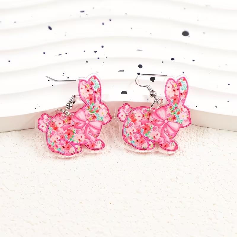 Cross-border new cute pink rabbit earrings 2D flat acrylic creative flower pattern animal earrings