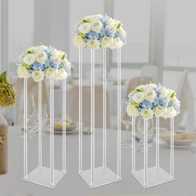 3Pcs High Clear Flower Stand, Rectangular Acrylic Flower Column, Removable Geometric Flower Shelves for Birthday Parties