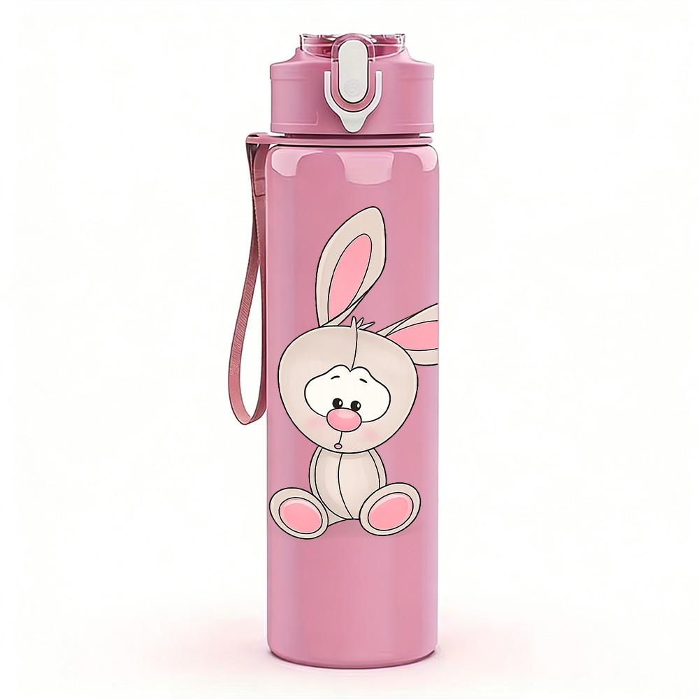 1PC Plain Cute Sitting White Bunny Print 750ml Color Plastic Sports Water Bottle Leakproof Flip Straw Lid Suitable for Sports Office Home Use