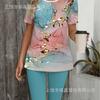 Gradual change/flower printing casual suit, round neck short sleeves + cropped pants for home and out