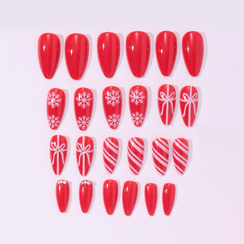 24PCS Red Press on Nails with Snowflake Ribbon Design Holiday Artificial False Nails for Women Christmas Party