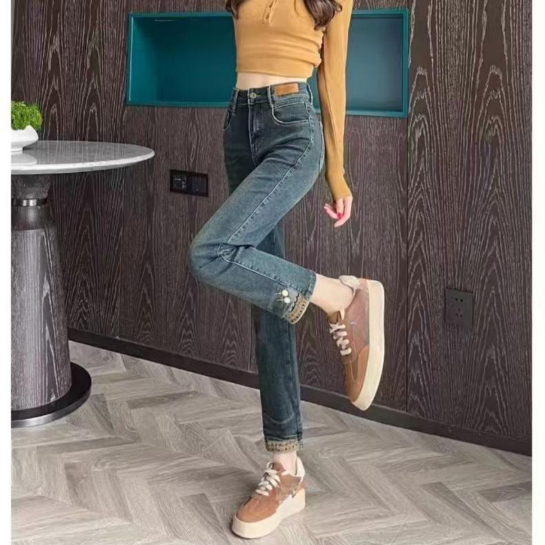Vintage Slim Zigarettenjeans Damen Hohe Taille Stretch Chinesische Stickerei Gerades Bein Hose Herbst