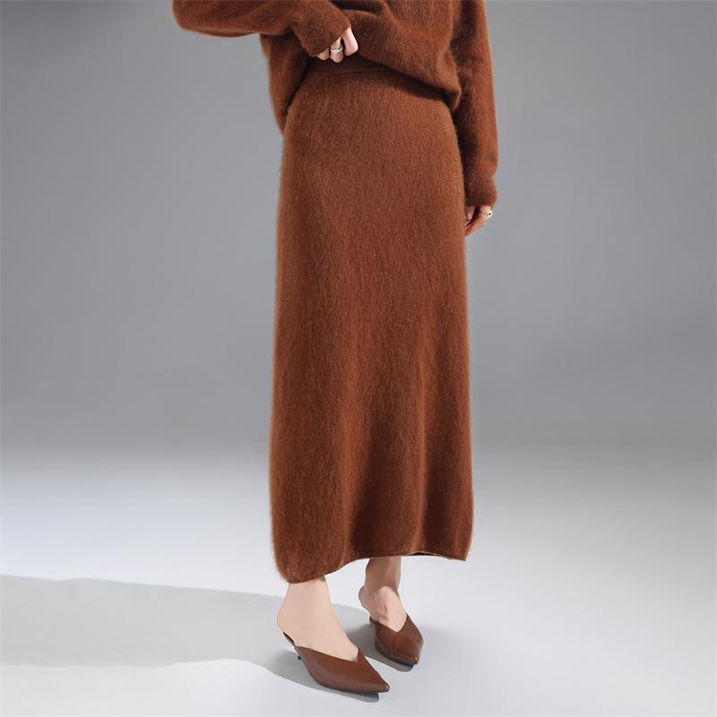 Autumn/Winter 100% Wool Solid Color Women's Slimming Midi Knitted Skirt