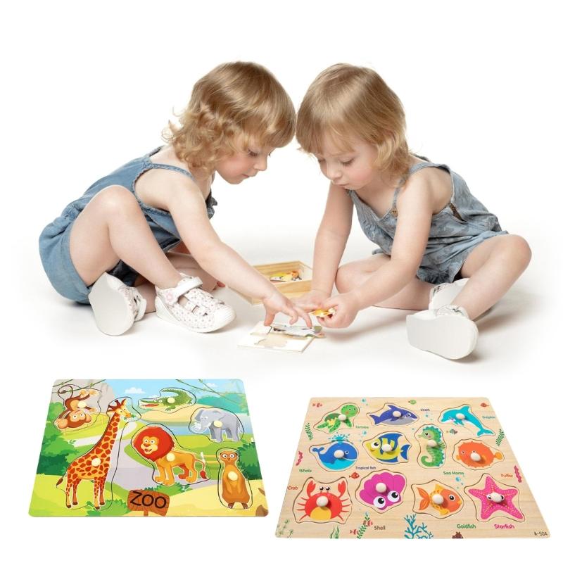 Wooden Farm Animals Marine Life Puzzle For Children Aged 3-6 Years Old Pegs Puzzle Hand Game