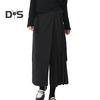 Women Pants Dark Style Black Solid Color Pleated Fake Two piece Irregular High Street Loose Wide Leg Casual Individual Mid calf Length Culottes