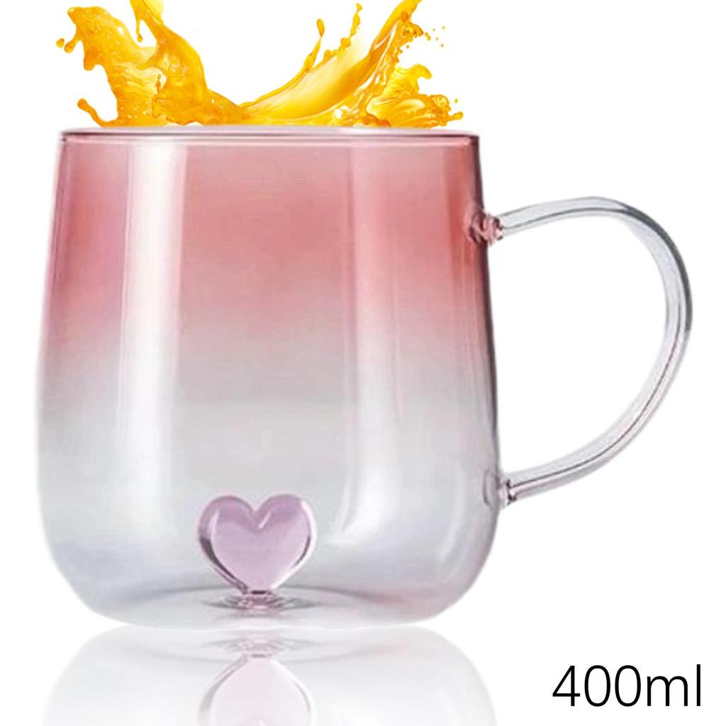 Glass Coffee Cups Gradient Water Bottle Jar with 3D Heart 400ml Glass Coffee Cup for Travel Christmas Kitchen Bar Latte House