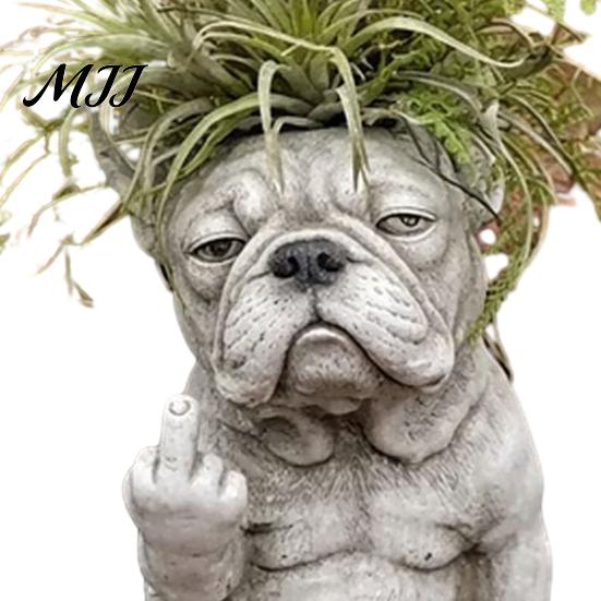 Small Plant Pot Bulldog Dog Planter Funny Middle Finger Resin Flower Cute Whimsical Container Animal Shaped for Home Office Desk Garden Decor