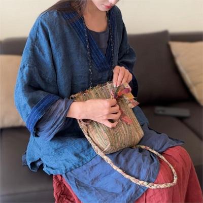 Women Vintage T-Shirts V-Neck Seven Sleeve Autumn Loose Chinese Style Female T-Shirts