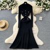 Xiaoxiangfeng elegant lapel long-sleeved metal buckle waist knitted dress autumn thin medium and long dress