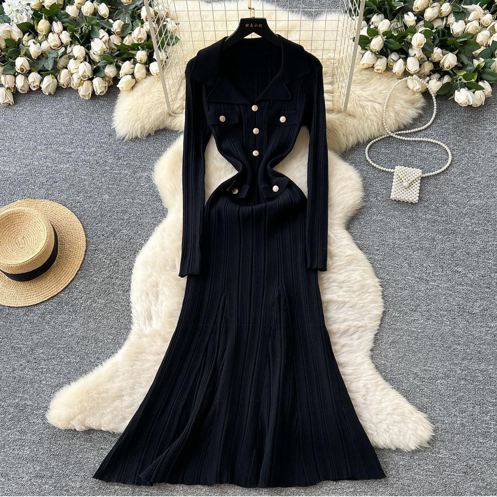 Xiaoxiangfeng elegant lapel long-sleeved metal buckle waist knitted dress autumn thin medium and long dress