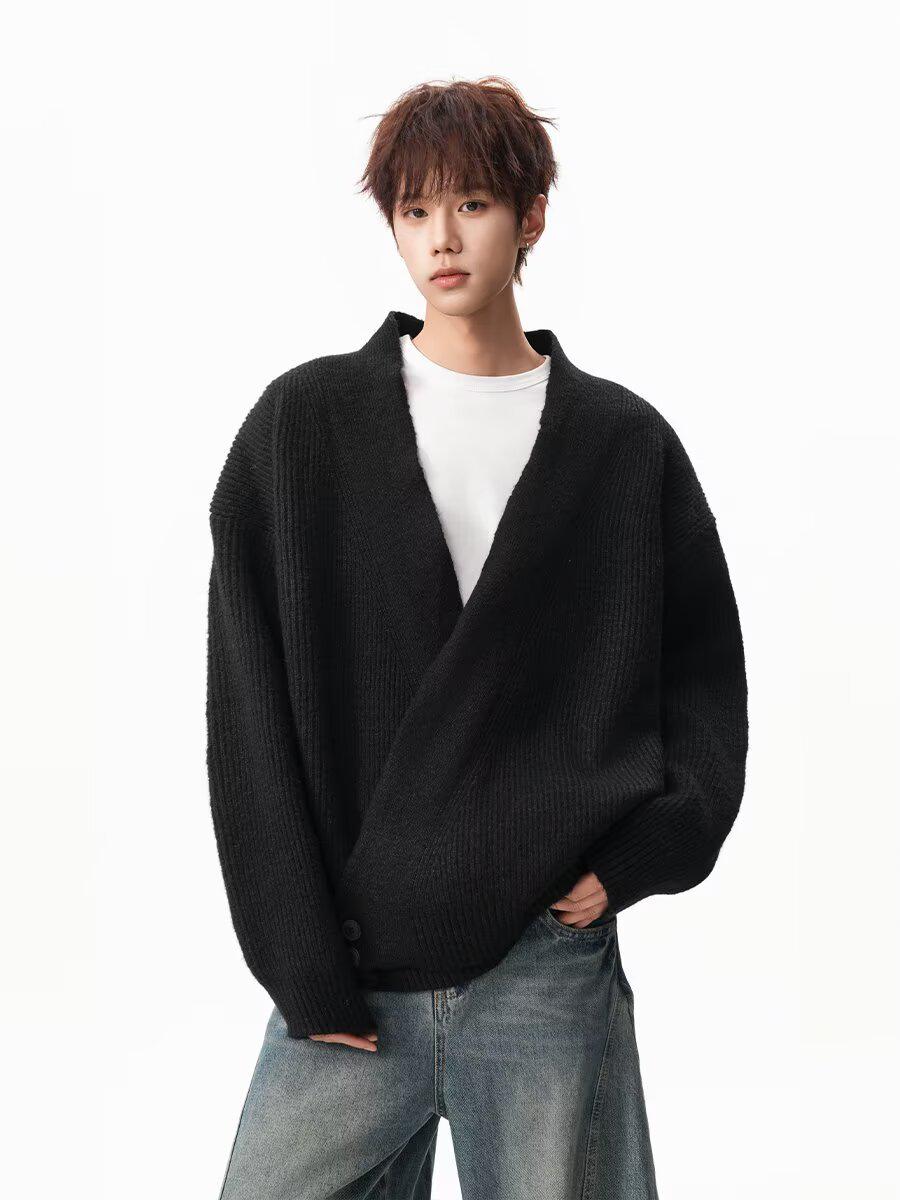 Мужской ретро кардиган с V-образным вырезом ОсеньЗима 2024 - Повседневный Ленивый стиль Вязаный трикотаж однотонный L чёрный 2390₽