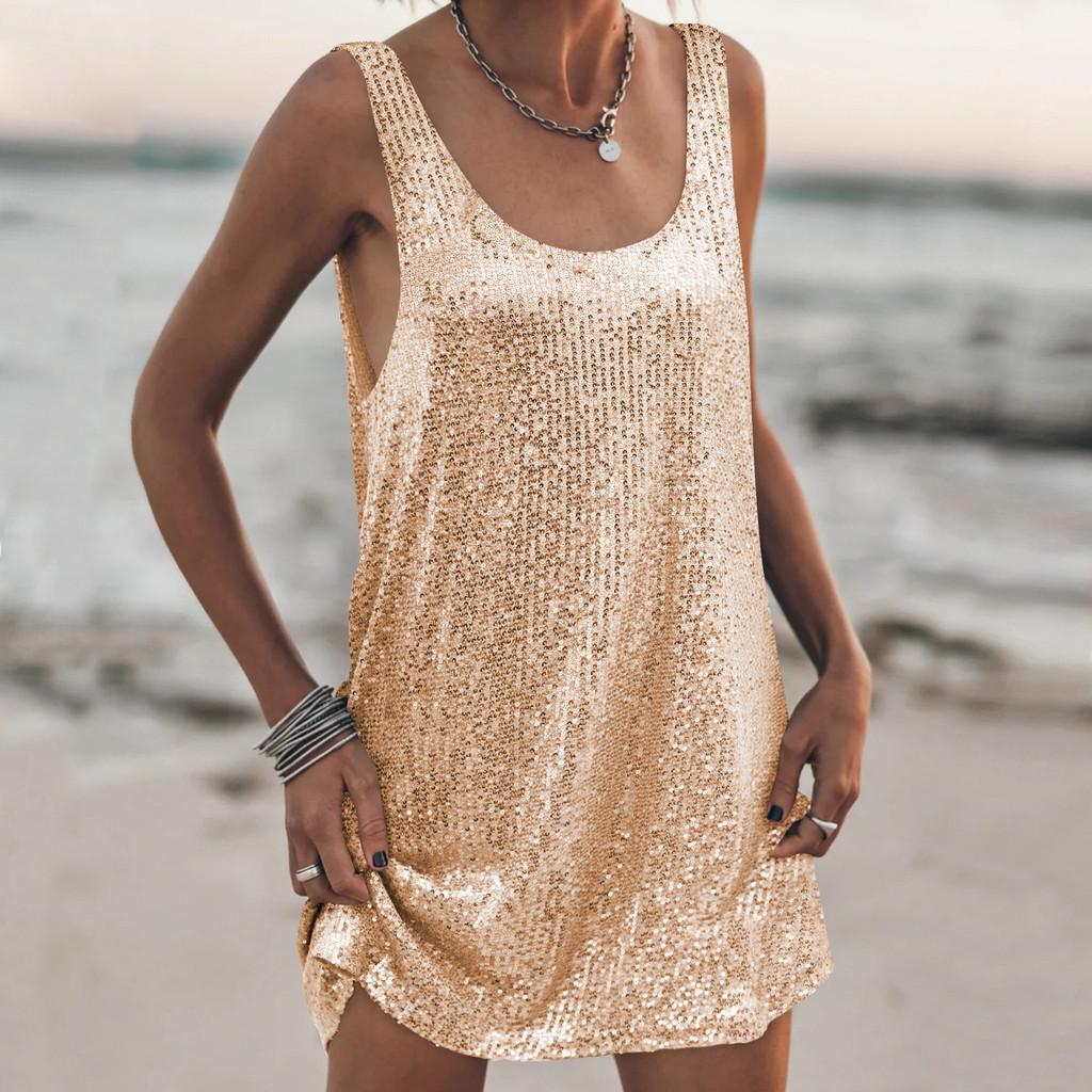 Losse Jurk Met Pailletten, U-hals, Mouwloos, Hoge Taille, Voor Casual En Feestelijke Gelegenheden