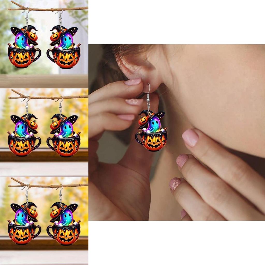 Halloween Themed Colorful Cartoon Ghost Pumpkin Pattern Women Earrings Acrylic