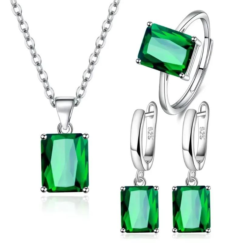 Elegant Jewelry Sets Ring Earrings Necklace For Women Rectangle Geometry Zircon Wedding Accessories