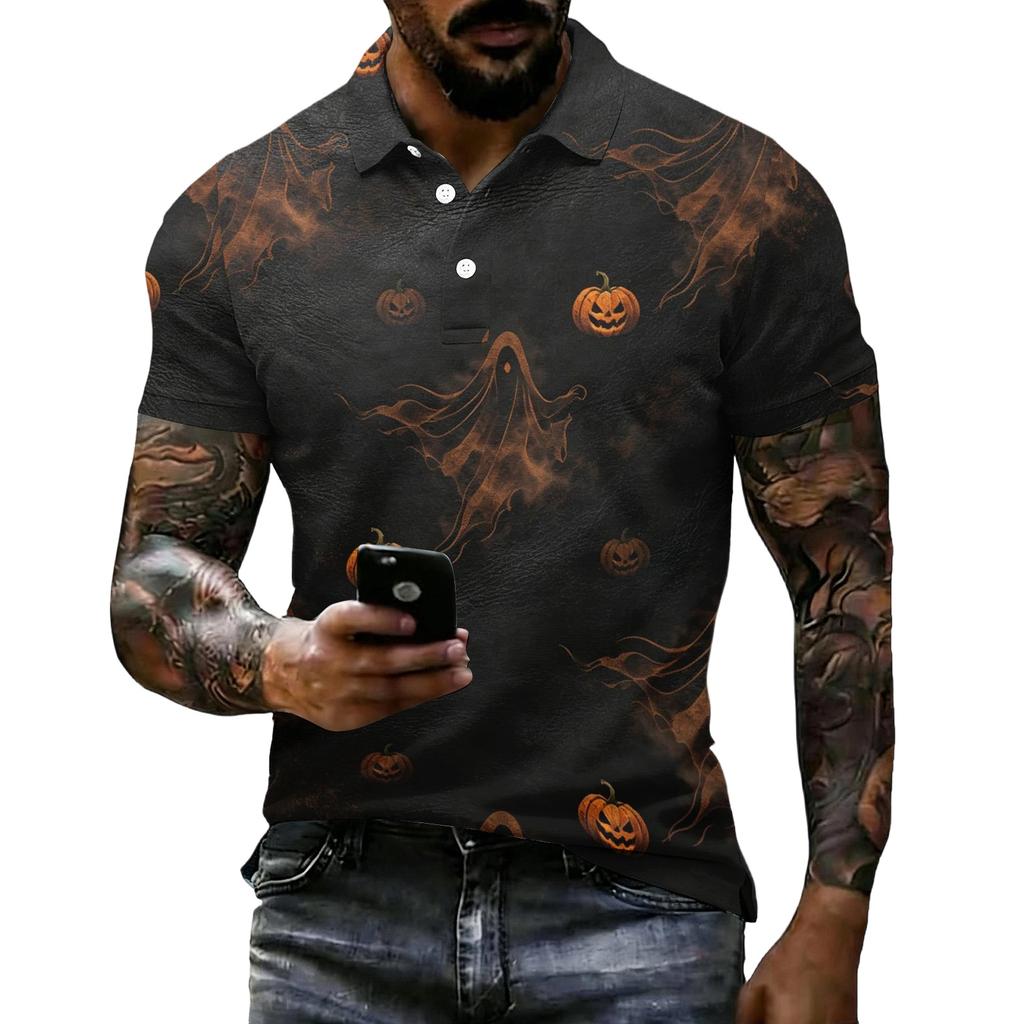 Men's Halloween Print Short Sleeve Polo Shirt Loose Casual Summer Daily Wear Top with Button Collar and Relaxed Fit for Outdoor Activities