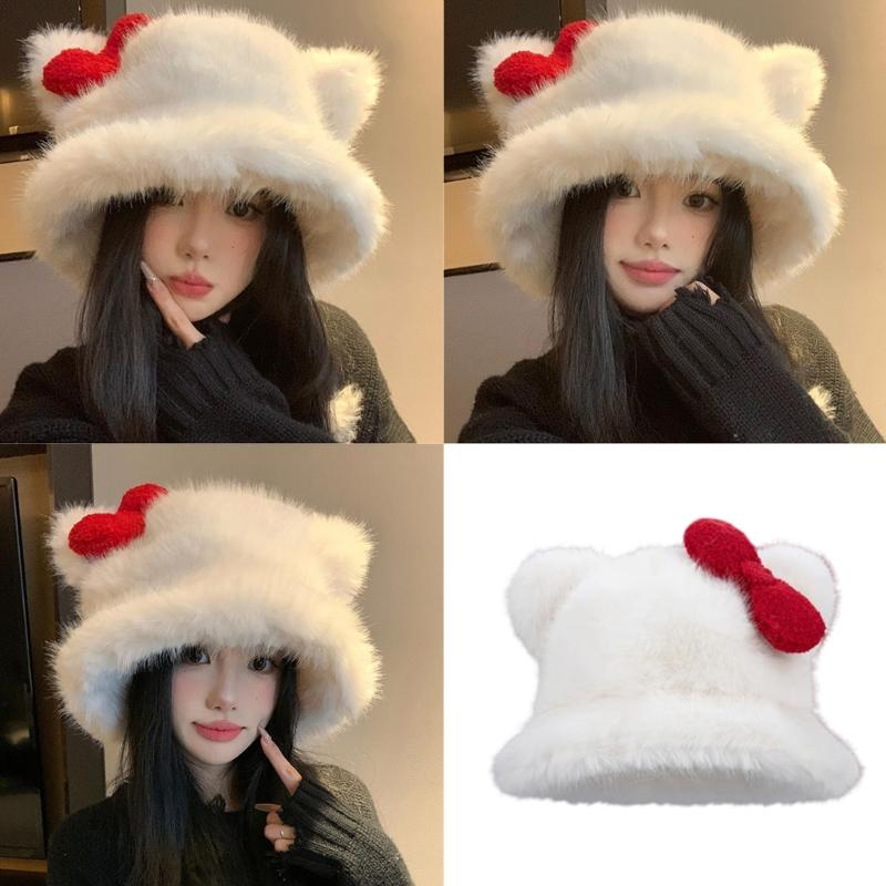 Fashionable Warm Winter Bucket Hat Furry Cats Ear Fisherman Hat For Women Girl Winter Sport Outdoor Activity Travel