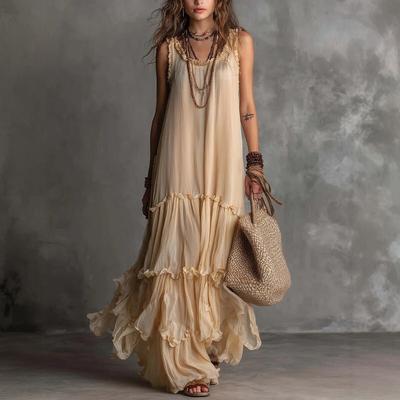 Womens Sleeveless Ruffle Tiered Maxi Dress