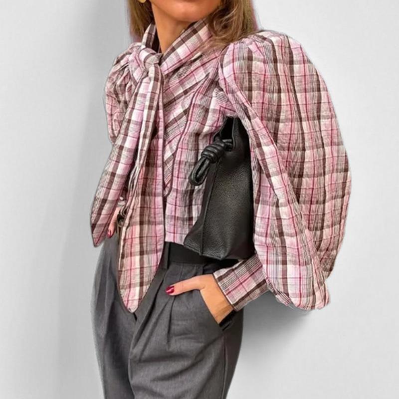 Dámské jarní temperamentní elegantní módní tričko s kulatým výstřihem, dlouhým rukávem a kostkovanou vázankou