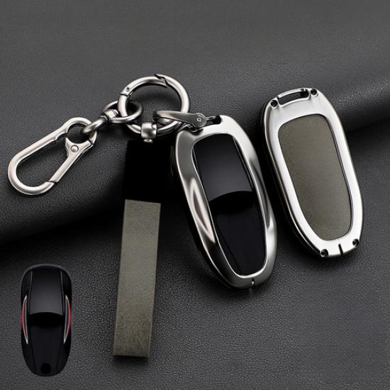 Zinc Alloy Leather Car Key Case Cover Bag With Keychain For Tesla Model S 3