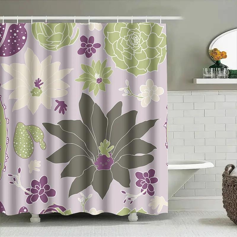 Modernes Blumiges Duschvorhang-Set Grünes Blatt-Lila-Blumenmuster Wasserdicht Badezimmer-Dekor Liner Für Heim-Badezimmer Imp