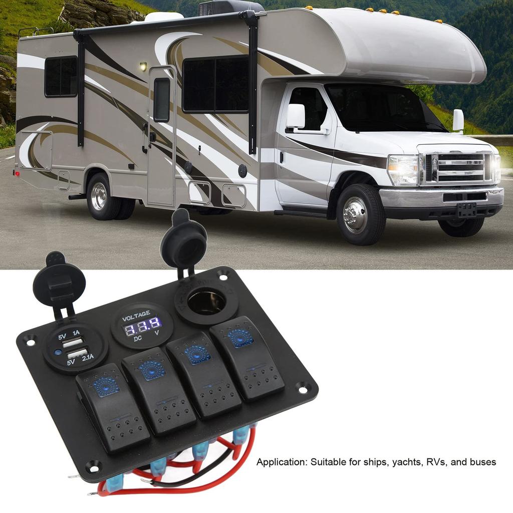 4 Gang Marine Boat Rocker Switch Panel, - 24V Waterproof RV USB Cigarette