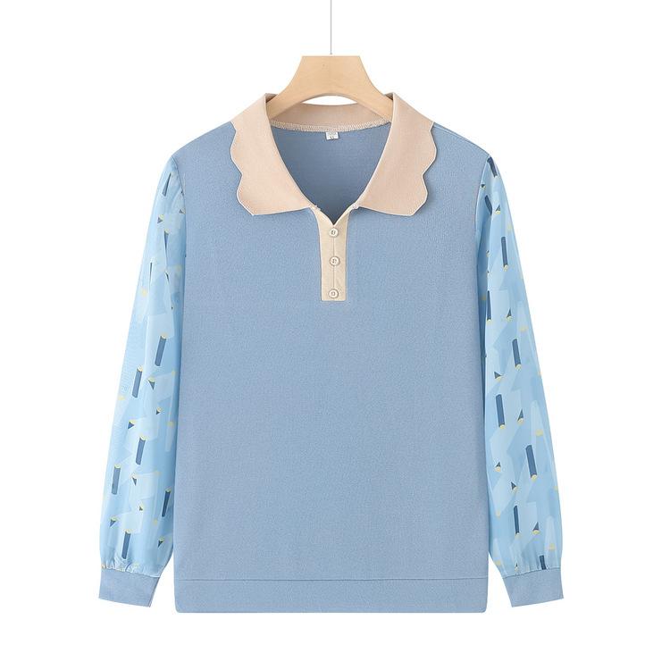 

Spring and Autumn Clothing Foreign Style Long Sleeve Lapel Loose Middle-aged and Elderly Women s Bottom Loose Top 5XL