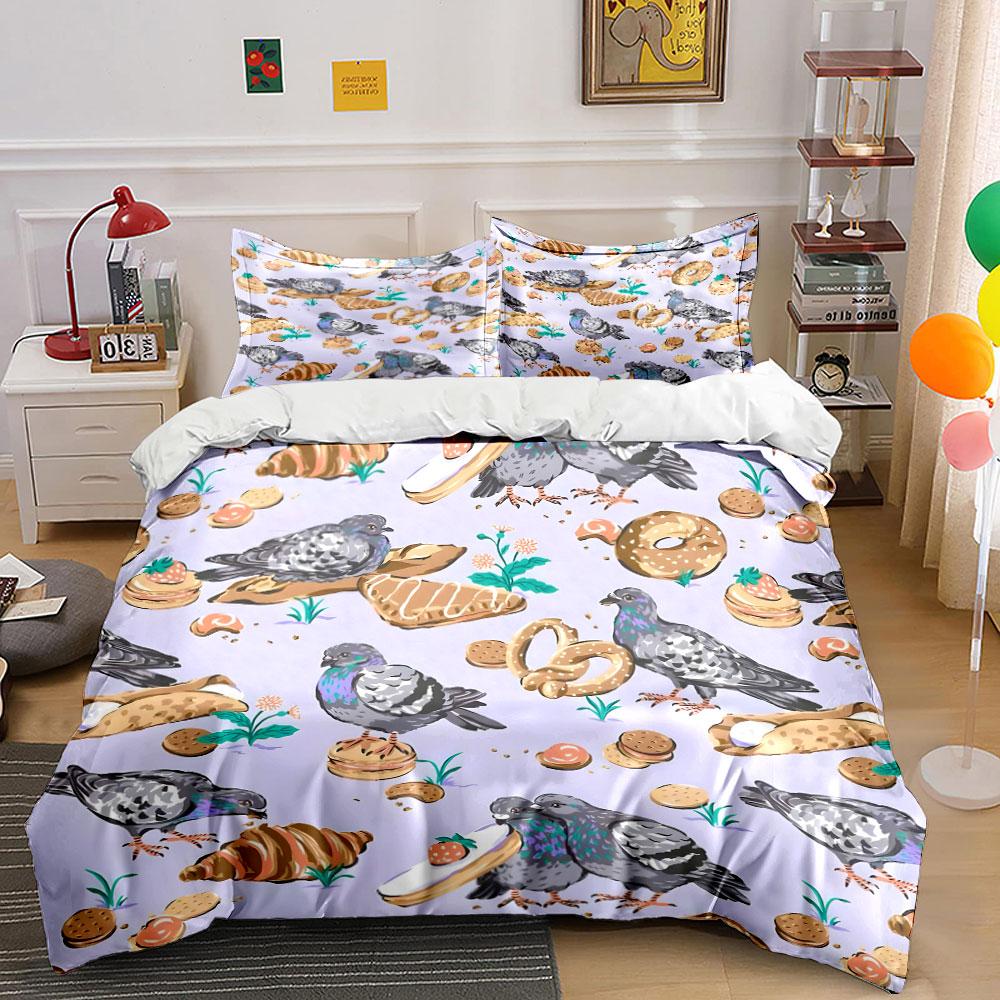 Grosstor Unisex Pigeons With Food Pattern Printed Duvet Cover Set1 Duvet Cover+2 Pillowcase Multi Size Bedroom Bedding Decor Luxury Gifts