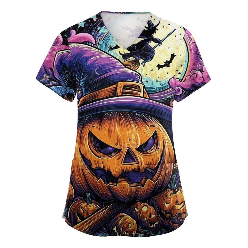 Women's V-neck Halloween Printed Short-sleeved Pocket Side-slit Protective Suit Top