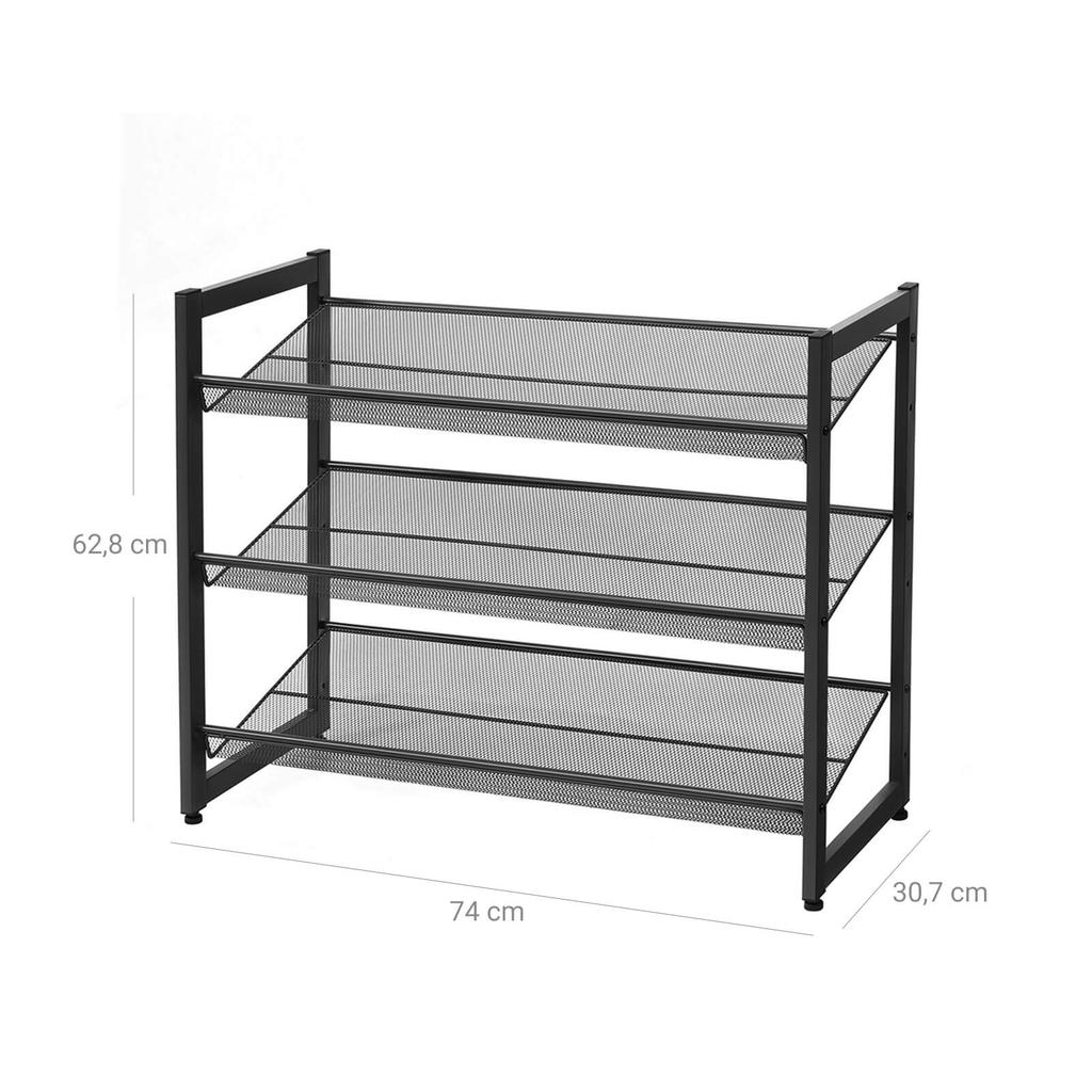 SONGMICS Étagère à chaussures 3 niveaux, Maille d'acier, Étagère à chaussures inclinable ou plate empilable pour 9 à 12 paires de chaussures, Noir