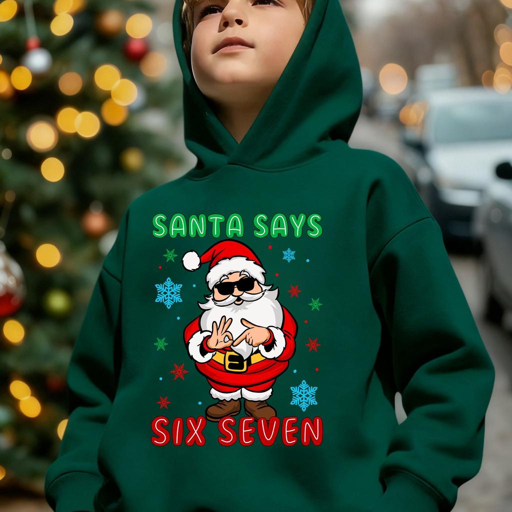 Boys' Autumn/Winter Fashion -Lined Hooded Sweatshirt "Santa Says Six Seven" Lettering Element with Santa Claus Cartoon Print Wearing