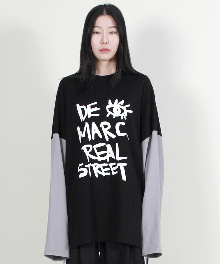 Deumakeu Oversized Real Street Text Long Sleeve T-Shirt Black