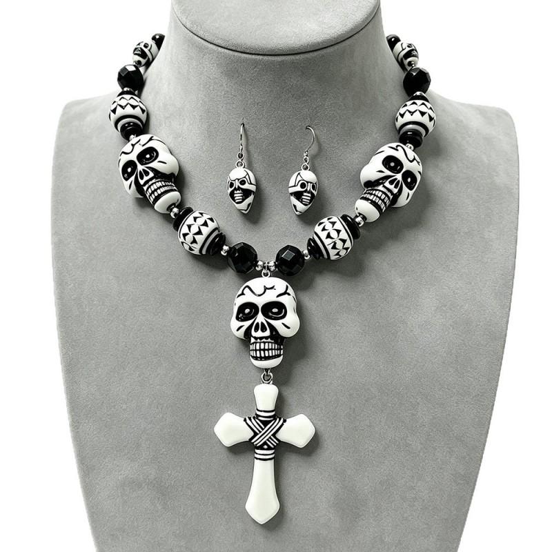 Gothic Skull Cross Necklace Earring Set Punk Vintage Party Jewelry Men Women Teens