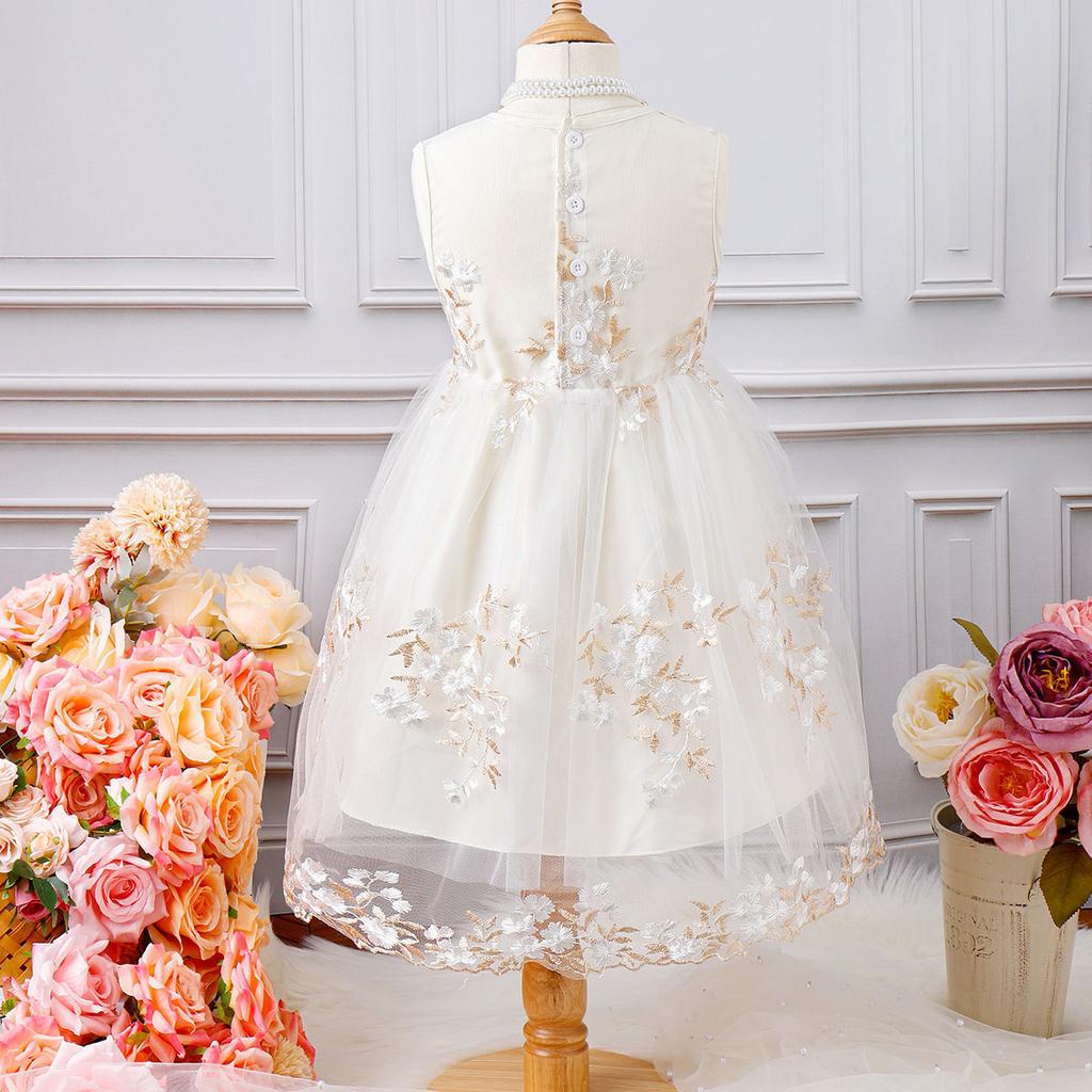 Mädchen Modisches Kleid 2025 Sommer Kinder Schleife Blume Bestickt Mesh Prinzessinnenkleid
