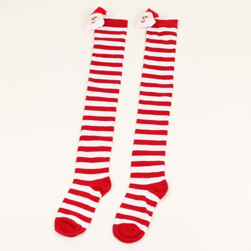 Women Cute Plush Santa Claus Striped Over Knee Long Socks Thigh High Stockings for Christmas Cosplay Costume Hosiery