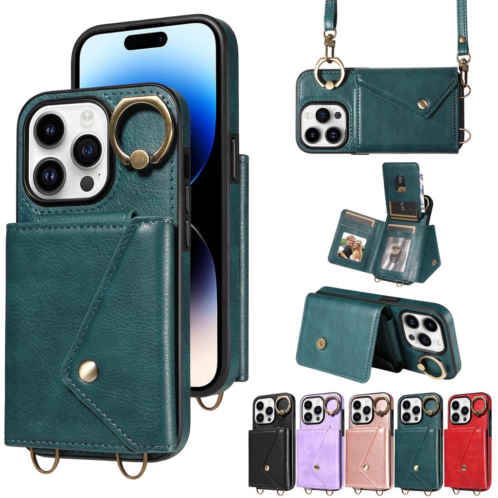 Para iPhone 16 Series.para iPhone 16,16 Plus,16 Pro,16 Pro Max Alça de Ombro Corda Anel Suporte Design Slots para Cartão Padrão Lichee Capa para Telefone
