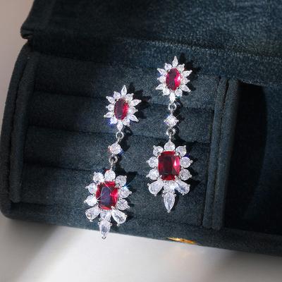 Sterling  Red CZ Hanging Flower Earrings for Women Engagement Wedding Party Elegant Earrings Fashion Jewelry